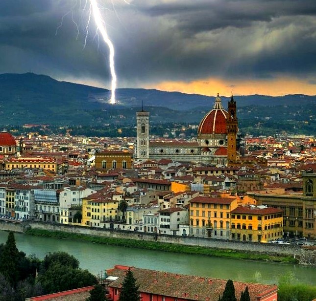 Lightning strike on the hills above Florence, Italy