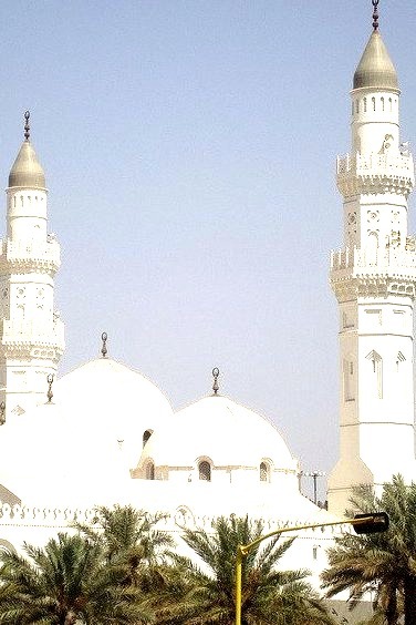 The white minarets of Masjid Quba in Medina, Saudi Arabia