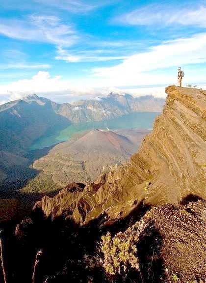 Looking out over the crater of Gunung Rinjani Volcano, Indonesia