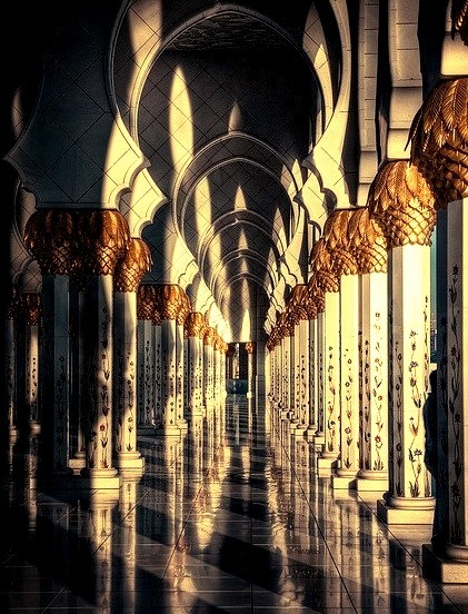 Shadows and lights at the Grand Mosque in Abu Dhabi, UAE